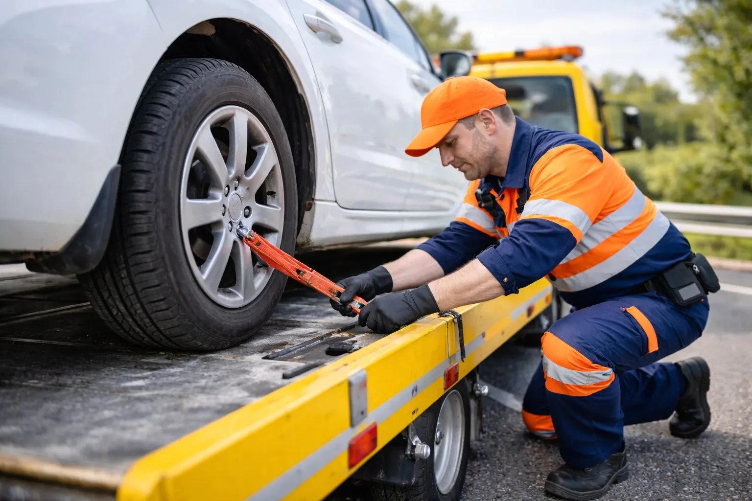 Autómentő szakember lerobbant személyautót rögzít autómentő platóján.